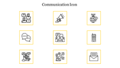 Grid of communication icons including speech bubbles, a megaphone, and a globe, all framed in yellow boxes.