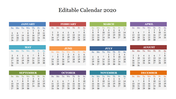 Yearly calendar layout for 2020, displaying all 12 months in a compact grid format  with color-coded headers.