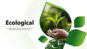 Ecological PowerPoint slide featuring hands holding a small plant sprouting from the soil, symbolizing growth.