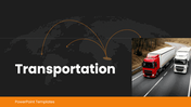 Transportation slides with trucks, ships, planes, pipelines, city roads, orange theme, text holders, Vegetable Presentation.