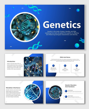Genetics slide with DNA helix in magnifier, blue gradient theme, circle frame, bold title, text space, glowing shapes.