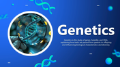 Genetics slide with DNA helix in magnifier, blue gradient theme, circle frame, bold title, text space, glowing shapes.