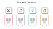 Social media slide with outlined icons and matching color bordered text boxes in red, purple, blue, and orange.