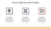 Women's rights slide with three icons in green, blue, and red borders, each with descriptive text below.