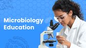 Microbiology education presentation template with scientist using microscope and lab visuals.