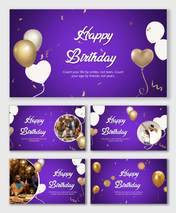 Birthday presentation with balloons, cake, gifts, confetti, colorful shapes, gradients, bold text, and editable holders.