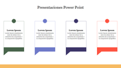 Four vertical bubble style cards Presentaciones Power Point with colored circle and bases, each containing placeholder text. 