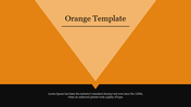 Slide with a bold orange background, a downward facing lighter triangle, and a black bottom bar containing text.