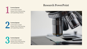 Research presentation slide showing microscope lens on the right and three colored steps with placeholder text on the left.