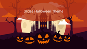 Halloween themed illustration with pumpkins, a dark castle, bats, and a cloudy sky, set in orange and purple tones.