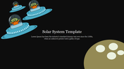 Solar system template featuring smiling aliens in blue spaceships flying across a dark sky, with a planet surface visible.