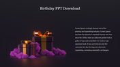 Birthday PowerPoint slide image featuring two gift boxes with gold ribbons surrounded by purple smoke.