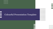 Colorful slide with dark green and white split background, abstract dotted accents, and centered dark blue title box.