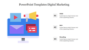 Digital marketing slide with flat vector of a screen, megaphone, and media icons on left, with three text points on right.