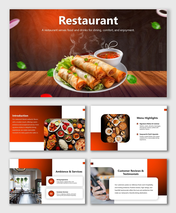 Restaurant slides with food images, menu, ambience, reviews, orange gradient theme, text holders, and shapes.