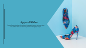 Blue themed slide with a text and black vertical lines, and floral patterned high heels showcased on the right.