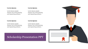 A graduate wearing a cap and gown holding a certificate, with four text sections on the left and a purple title bar below.