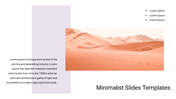 Minimalist slide with desert dunes photo, text block on a pale purple background on the left, and bullet points in the top right.