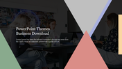Business themed slide with office team photo in background overlaid by pastel triangle shapes and centered title text.