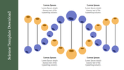 Science template featuring a series of interconnected colorful spheres on vertical lines with space for text.