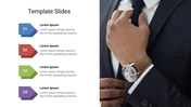 Business slide features numbered arrows in blue, red, green, and purple, with an image of a professional adjusting his tie.