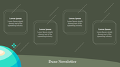 Dune themed newsletter slide with a minimalist design, featuring four content boxes on a dark green background.