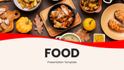 Food presentation template with meals, nutrition charts, food pyramid, diet guides, red-yellow design, images, and text boxes