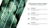 Split layout with tropical leaf image sliced diagonally on left and numbered text boxes listed vertically on right.