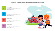 School-themed slide with an illustration of two kids walking near a school, and four colored sections with caption areas.