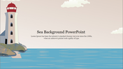 Lighthouse on rocky cliffs overlooking a calm sea, with clouds and beige sky, and centered text above the water.