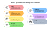 Startup template with rounded rectangles in pastel tones of red, orange, yellow,  green, blue, purple, and gray, with icons.