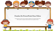 Fondos de PowerPoint para ninos with illustrated children characters around a blank board, set on a green grass background.