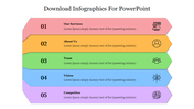 Multicolor infographic slide with arrows showing five sections with numbers, titles, and outline-style icons.