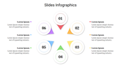 Circular infographic with six numbered nodes, each with a colorful triangular pointer, and captions on both sides.