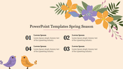 Spring themed PowerPoint template featuring colorful flowers, leaves, and cheerful cartoon birds.