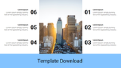 Slide with a photo of a city skyline and six numbered text sections around it, highlighted by a blue footer.