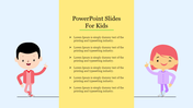 Slide with two cartoon children pointing, alongside bulleted placeholder text sections in a colorful layout.