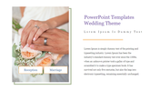 Wedding theme PowerPoint template featuring a close up of a couple's hands with rings and a bouquet of roses.