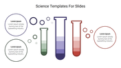 Science slide with three test tubes in green, blue, and red, surrounded by colored bubbles and text circles.