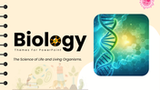Biology themes presentation with beige design, DNA visuals, icons, and structured slides for clear life science concepts.