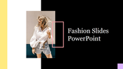 Fashion presentation slide with a picture of a woman wearing a white blouse and denim shorts.