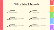 Slide with a notebook design, featuring six numbered sections, and colorful side tabs, on a soft beige background.