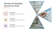Diseños De Plantillas Para Power Point with three business themed icons and a segmented triangular image showing a hand.