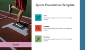 Sports slide featuring a runner legs on a track with number and three colorful icons in teal, red, and green, on the right.