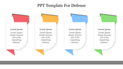 Template for defense featuring four icons resembling paper with colorful corner tabs, each with caption areas.