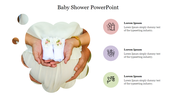 Baby shower PowerPoint slide with an image of hands holding tiny baby socks and decorative icons representing baby items.