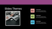 Image based slide design with modern black background, white-framed photo of a desk setup, and colorful numbered text blocks.