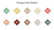 Vintage Color Palette with ten diamond-shaped color  numbered 1 to 10. Each colour represents a different muted color.