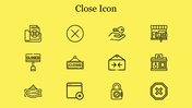 Collection of close icons including closed signs, locks, and a cross symbol on a bright yellow background.