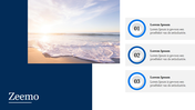 Beach photo with ocean waves, and three numbered text sections, on a blue and white split background.